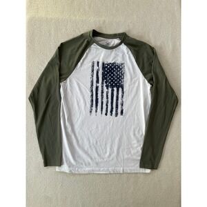 True Craft Mens Small Long Sleeve Shirt White Green Distressed American Flag Tee
